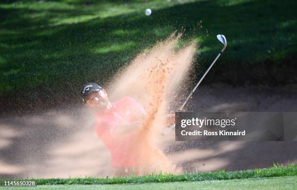 Jordan Smith of England plays his second shot from a bunker on the 17th hole during Day Four of the Trophee Hassan II at Royal Golf Dar Es-Salam on...