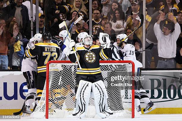 Tim Thomas of the Boston Bruins celebrates after their 3 to 1 victory over the Tampa Bay Lightning in Game Five of the Eastern Conference Finals...