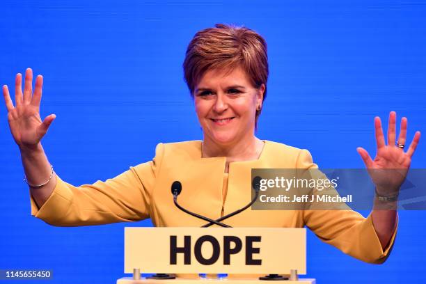Scottish National Party leader and First Minister of Scotland Nicola Sturgeon, accepts applause during her keynote speech on day two of the SNP...