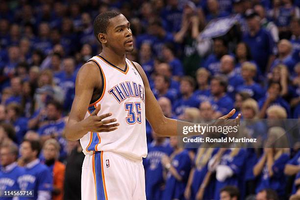 Kevin Durant of the Oklahoma City Thunder reacts after having his three-point attempt blocked by Shawn Marion of the Dallas Mavericks with 2.6...