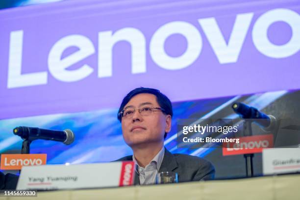 Yang Yuanqing, chairman and chief executive officer of Lenovo Group Ltd., attends a news conference in Hong Kong, China, on Thursday, May 23, 2019....