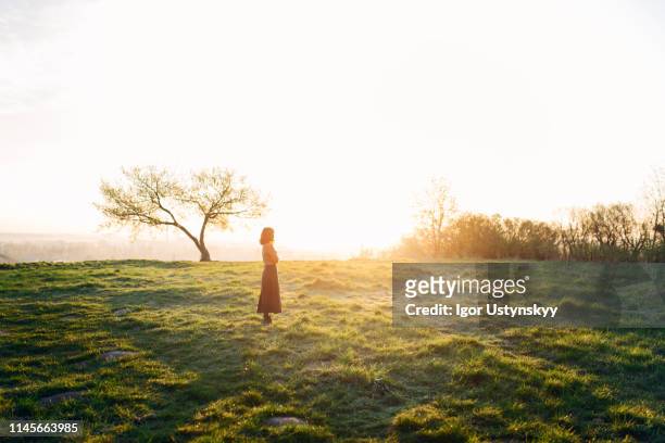 young woman resting in the field at sunset - movie still stock-fotos und bilder