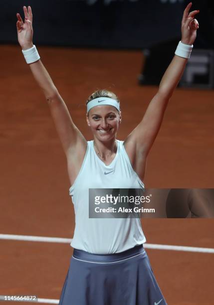 Petra Kvitova of Czech Republic celebrates after winning the final match against Anett Kontaveit of Estonia on day 7 of the Porsche Tennis Grand Prix...
