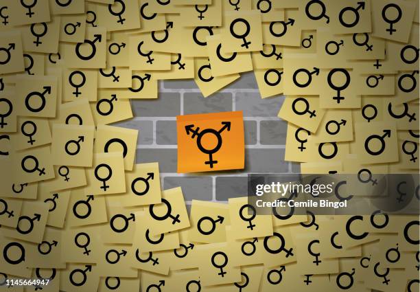 yellow sticky notes with gender symbols vector background - too much information stock illustrations