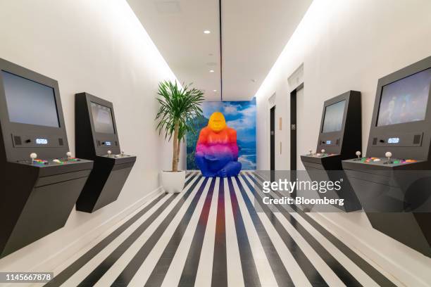 Gorilla sculpture sits in the lobby of the WeWork Cos Inc. 85 Broad Street offices in the Manhattan borough of New York, U.S., on Wednesday, May 22,...