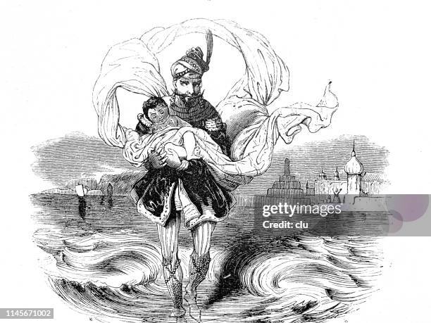 man carries a child out of the water - arab kids stock illustrations