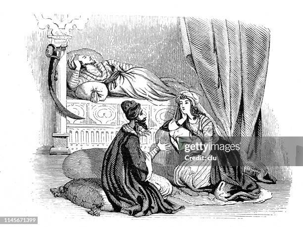 man with scimitar sleeps on a sofa, couple in front of it talking - one thousand and one nights stock illustrations