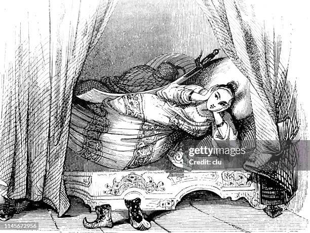 woman in bed covers her ears, snoring man next to her - empire style furniture stock illustrations