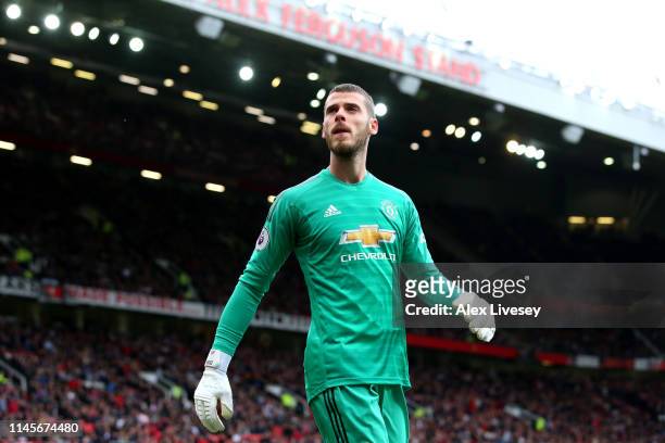 David De Gea of Manchester United looks on during the Premier League match between Manchester United and Chelsea FC at Old Trafford on April 28, 2019...