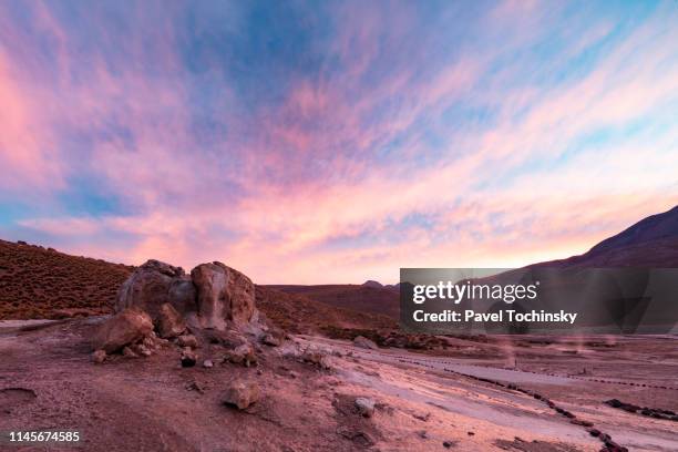 el tatio geysers at sunrise - third largest geyser field in the world and one of the highest located, at 4,320m, atacama desert, chile, january 20, 2018 - san pedro de atacama bildbanksfoton och bilder