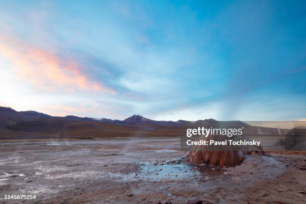 el tatio geysers at sunrise - third largest geyser field in the world and one of the highest located, at 4,320m, atacama desert, chile, january 20, 2018 - antofagasta region stock-fotos und bilder