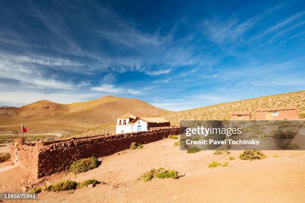 traditional church in the village of machuca in the high andes of the atacama desert, chile, january 20, 2018 - calama stockfoto's en -beelden