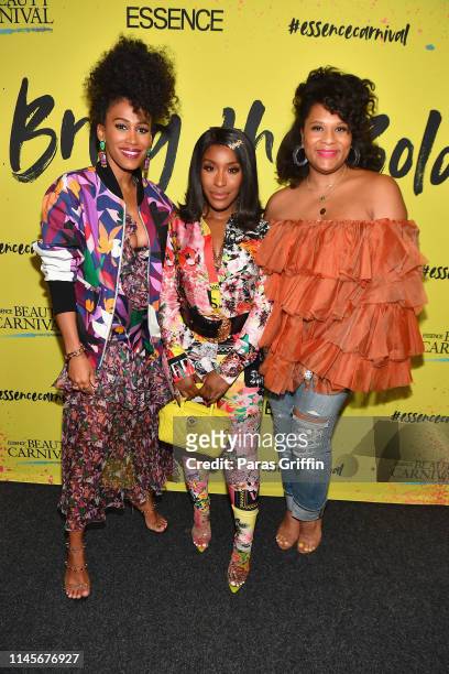 MaAna Luu, Jackie Aina and Julee Wilson pose backstage during the 2019 ESSENCE Beauty Carnival Day 2 on April 28, 2019 in New York City.