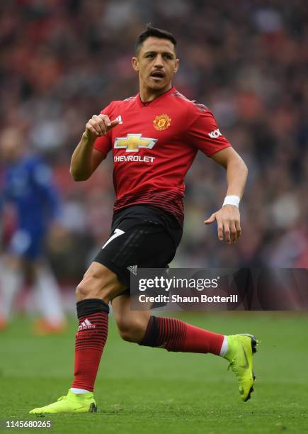 Alexis Sanchez of Mancester United during the Premier League match between Manchester United and Chelsea FC at Old Trafford on April 28, 2019 in...