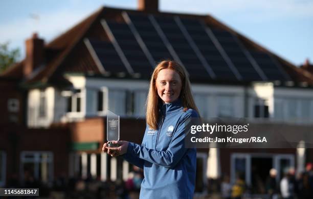 Carmen Griffiths of Aboyne poses with the runner up trophy during the final round of the R&A Girls U16 Amateur Championship at Fulford Golf Club on...