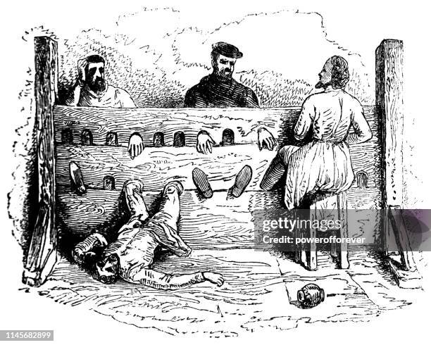 men restrained by stocks - 16th century - torture stock illustrations