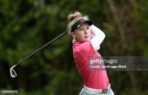 Maggie Whitehead of Close House in action during the final round of the R&A Girls U16 Amateur Championship at Fulford Golf Club on April 28, 2019 in...