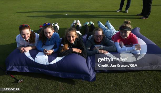 Players realx on the the Open pillows during the final round of the R&A Girls U16 Amateur Championship at Fulford Golf Club on April 28, 2019 in...
