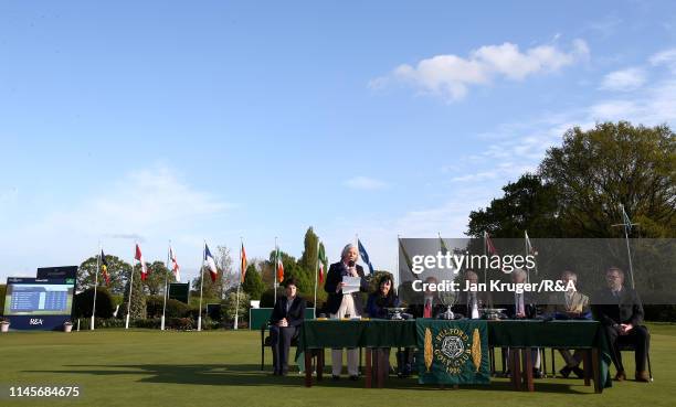 Gillian Kirkwood, President of the Ladies Golf Union addresses the audience during the final round of the R&A Girls U16 Amateur Championship at...