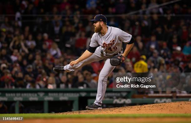 Buck Farmer of the Detroit Tigers pitches during a game against the Boston Red Sox during the fourth inning at Fenway Park on April 25, 2019 in...