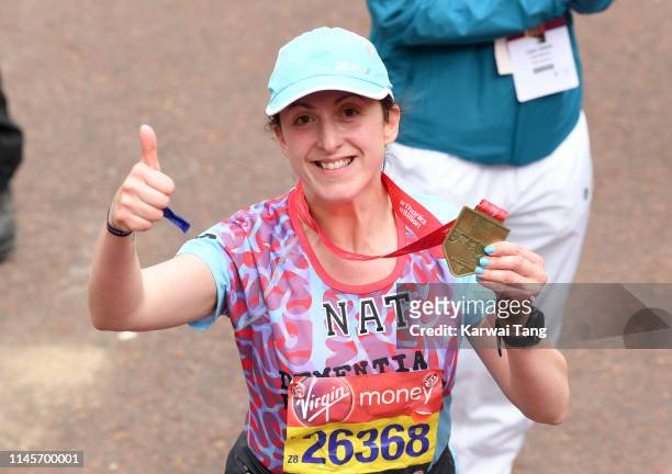 Natalie Cassidy poses with her medal after completing the Virgin London Marathon 2019 on April 28, 2019 in London, United Kingdom.