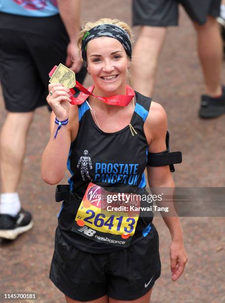 Helen Skelton poses with her medal after completing the Virgin London Marathon 2019 on April 28, 2019 in London, United Kingdom.