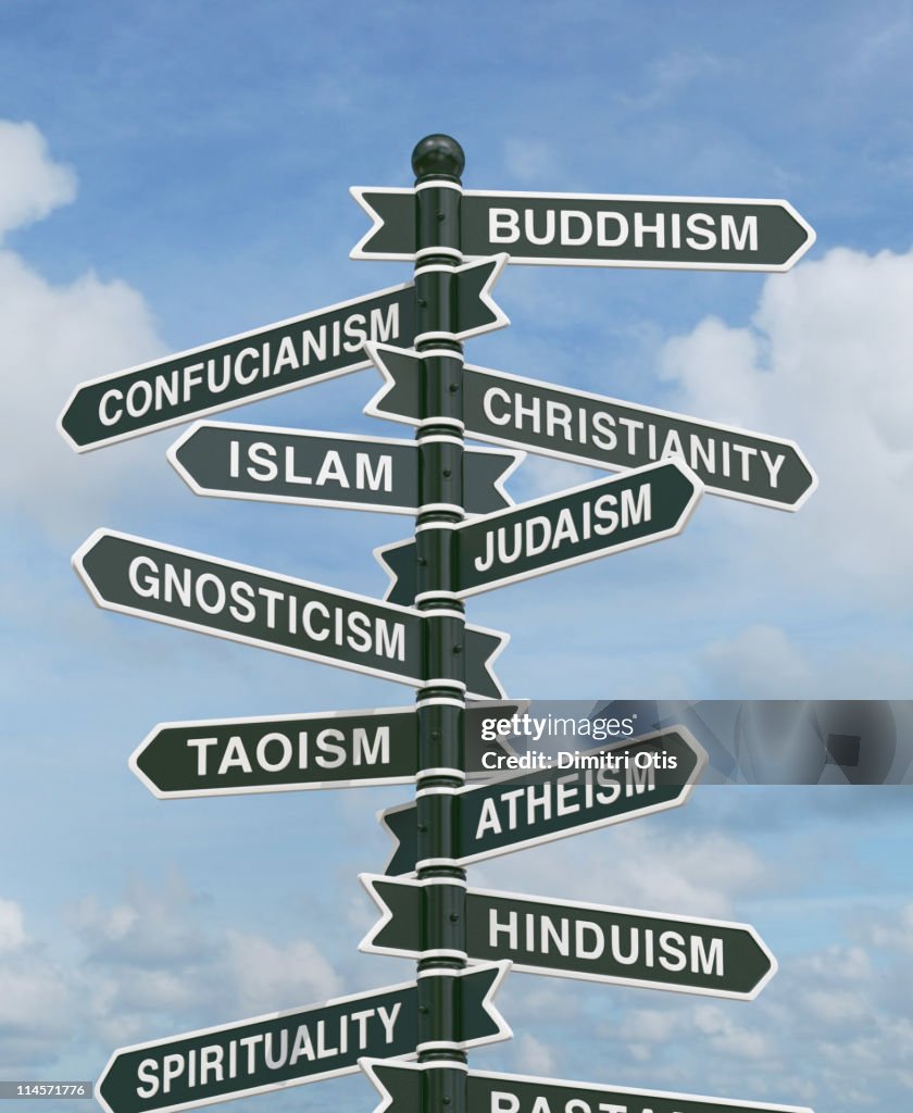 Directional signs pointing to various religions