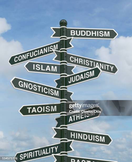 directional signs pointing to various religions - christianity judaism stock pictures, royalty-free photos & images