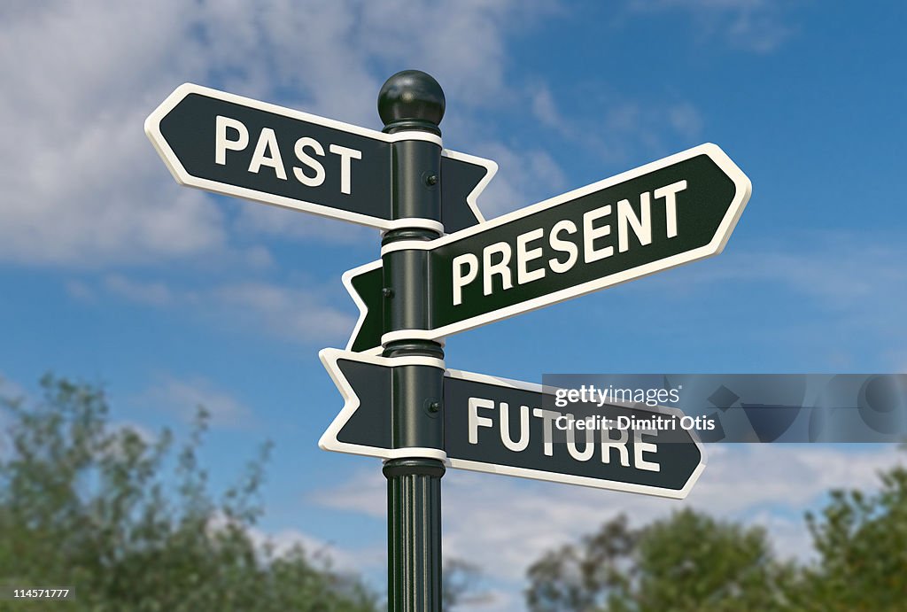 Directional signs saying past, present and future