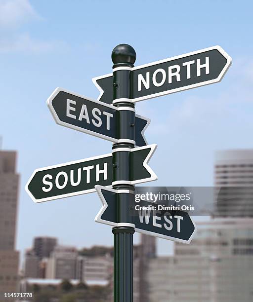 directional signs saying, north, south, east, west - north west stock-fotos und bilder