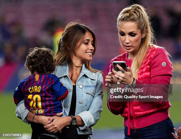 Sofia Balbi and Antonella Rocuzzo during the celebration of La Liga after the victory of the La Liga match between FC Barcelona and Levante UD at...