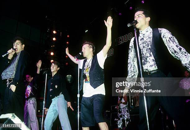 New Kids On The Block : Jordan Knight, Joey McIntyre, Jonathan Knight, Donnie Wahlberg and Danny Wood performing, circa 1990.