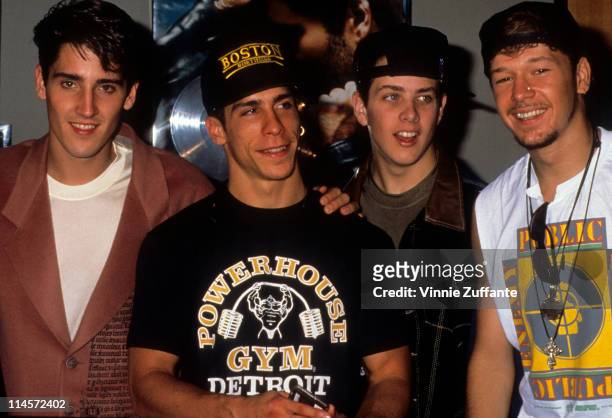 New Kids On The Block : Jonathan Knight, Danny Wood, Joey McIntyre and Donnie Wahlberg, circa 1990.