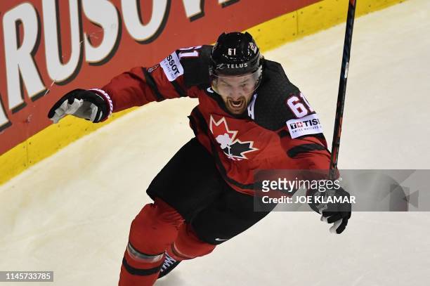 Canada's forward Mark Stone celebrate scoringthe winning goal during the IIHF Men's Ice Hockey World Championships quarter-final match between Canada...