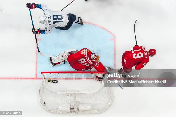 Alex Debrincat of United States scores a goal against Goalie Andrei Vasilevski of Russia during the 2019 IIHF Ice Hockey World Championship Slovakia...