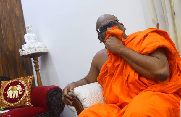Sri Lankan General Secretary of the Bodu Bala Sena Ven. Galagodaatte Gnanasara looks on at the Rukmalgama Temple in Rukmalgama, about 20 kms from...