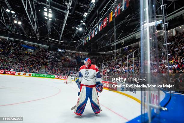 Goalie Patrik Bartosak of Czech Republic looks on during the 2019 IIHF Ice Hockey World Championship Slovakia quarter final game between Czech...
