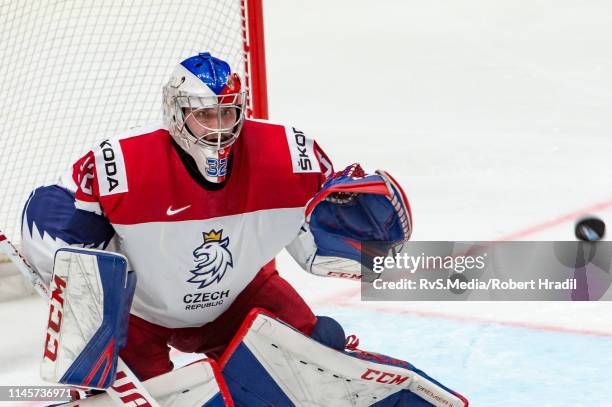 Goalie Patrik Bartosak of Czech Republic makes a save during the 2019 IIHF Ice Hockey World Championship Slovakia quarter final game between Czech...