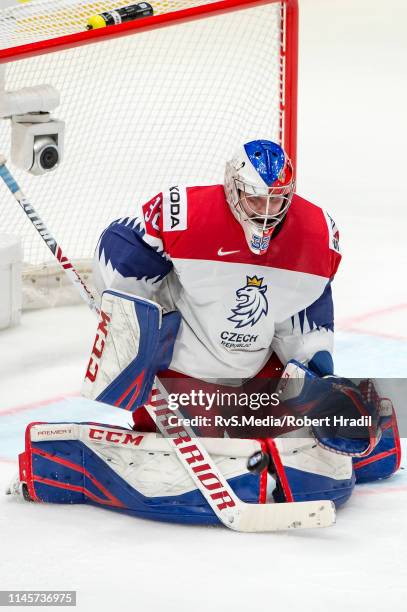 Goalie Patrik Bartosak of Czech Republic makes a save during the 2019 IIHF Ice Hockey World Championship Slovakia quarter final game between Czech...