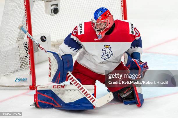 Goalie Patrik Bartosak of Czech Republic makes a save during the 2019 IIHF Ice Hockey World Championship Slovakia quarter final game between Czech...