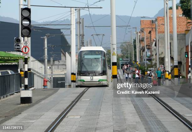 Ayacucho Tramcar in leaves Miraflores station on February 13, 2019 in Medellin, Colombia. The Ayacucho Tram is a Translohr tram system that serves...