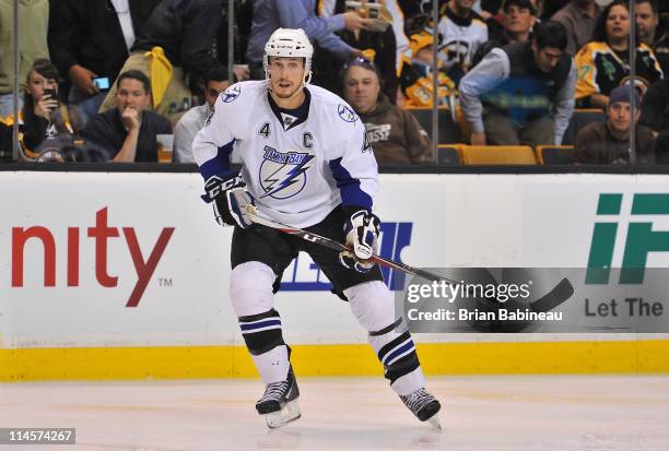 Vincent Lecavalier of the Tampa Bay Lightning watches the play against the Boston Bruins in Game Five of the Eastern Conference Finals during the...