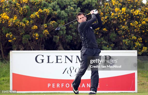 Richard Valentine of Craigielaw Golf Club tees off from the first tee during the Glenmuir PGA Professional Championship at Dundonald Links Golf...