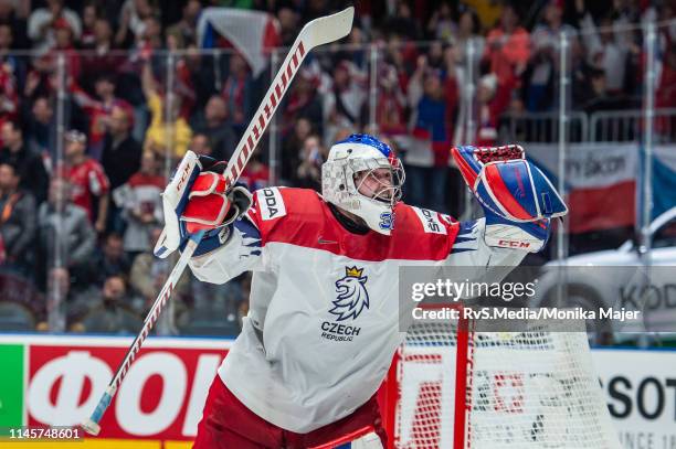 Goalie Patrik Bartosak of Czech Republic celebrates his victory over the Team Germany during the 2019 IIHF Ice Hockey World Championship Slovakia...