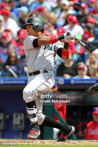 Starlin Castro of the Miami Marlins in action against the Philadelphia Phillies during a game at Citizens Bank Park on April 28, 2019 in...