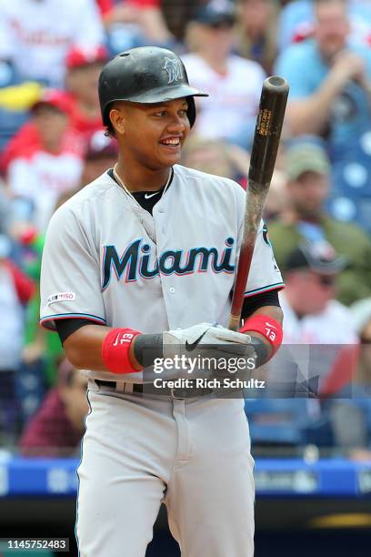 Starlin Castro of the Miami Marlins in action against the Philadelphia Phillies during a game at Citizens Bank Park on April 28, 2019 in...