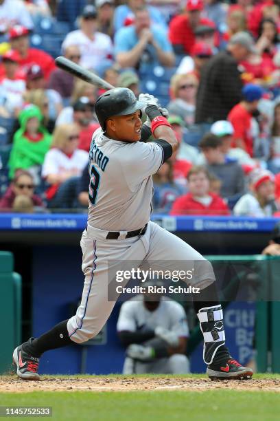 Starlin Castro of the Miami Marlins in action against the Philadelphia Phillies during a game at Citizens Bank Park on April 28, 2019 in...