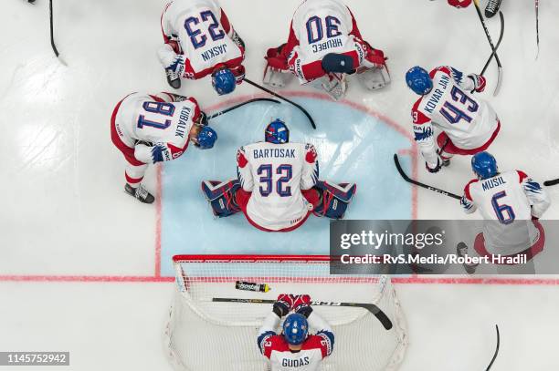 Team Czech Republic makes a circle around Goalie Patrik Bartosak of Czech Republic during the 2019 IIHF Ice Hockey World Championship Slovakia...