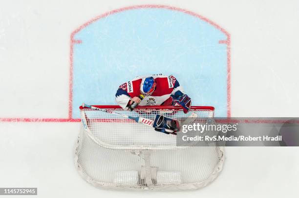 Goalie Patrik Bartosak of Czech Republic takes a breather and some water during the 2019 IIHF Ice Hockey World Championship Slovakia quarter final...