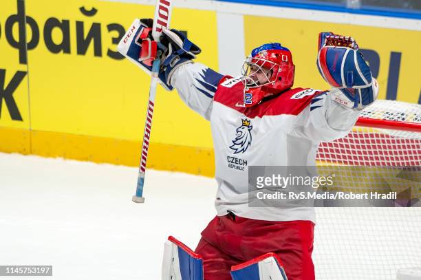 Goalie Patrik Bartosak of Czech Republic celebrates the win over team Germany after the 2019 IIHF Ice Hockey World Championship Slovakia quarter...